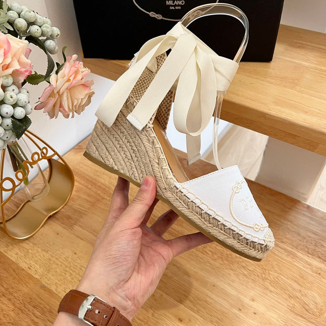 PRADA 26S ESPADRILLE HIGH HEEL SANDALS IN IVORY WHITE CANVAS WITH LOGO