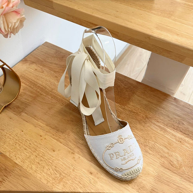 PRADA 26S ESPADRILLE HIGH HEEL SANDALS IN IVORY WHITE CANVAS WITH LOGO