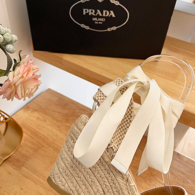 PRADA 26S ESPADRILLE HIGH HEEL SANDALS IN IVORY WHITE CANVAS WITH LOGO