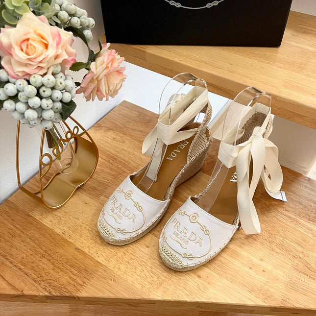 PRADA 26S ESPADRILLE HIGH HEEL SANDALS IN IVORY WHITE CANVAS WITH LOGO