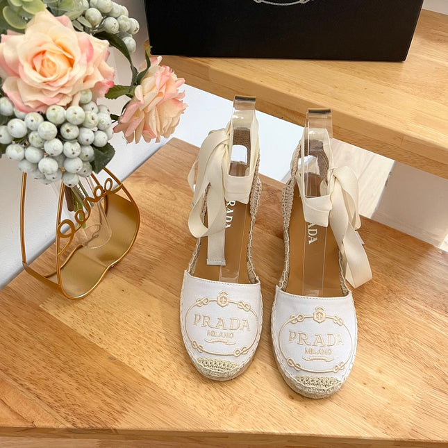 PRADA 26S ESPADRILLE HIGH HEEL SANDALS IN IVORY WHITE CANVAS WITH LOGO