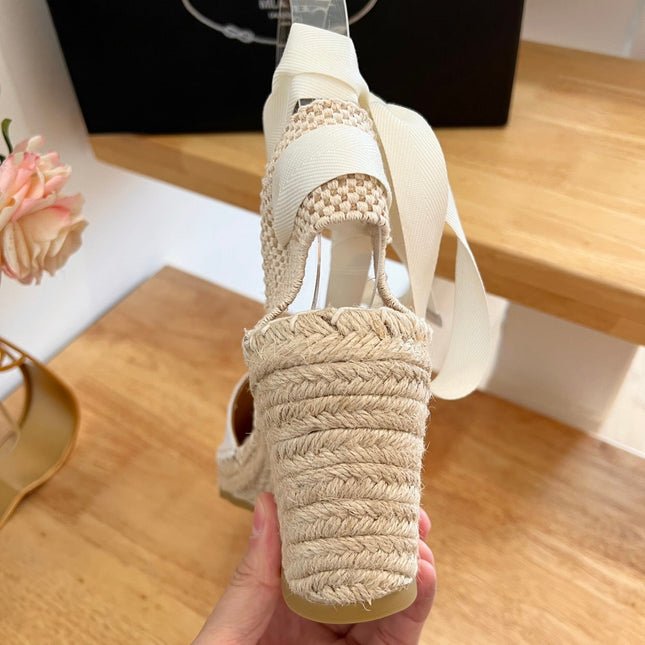 PRADA 26S ESPADRILLE HIGH HEEL SANDALS IN IVORY WHITE CANVAS WITH LOGO