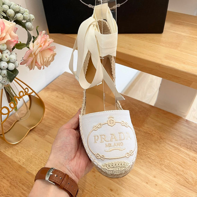 PRADA 26S ESPADRILLE HIGH HEEL SANDALS IN IVORY WHITE CANVAS WITH LOGO