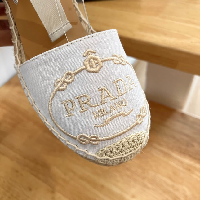 PRADA 26S ESPADRILLE HIGH HEEL SANDALS IN IVORY WHITE CANVAS WITH LOGO
