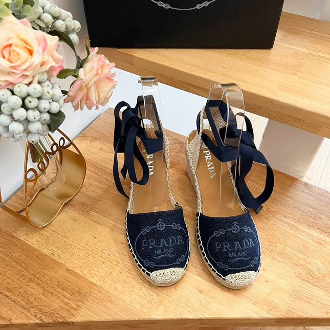 PRADA 26S ESPADRILLE HIGH HEEL SANDALS IN NAVY DENIM WITH LOGO