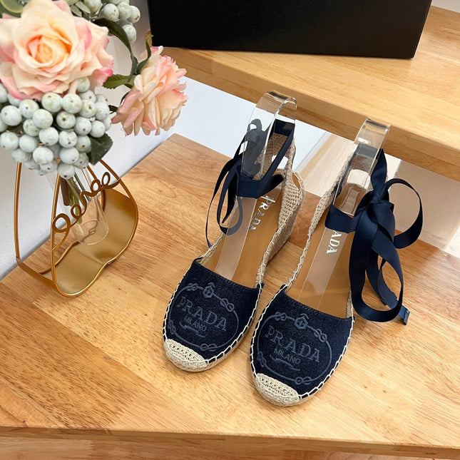 PRADA 26S ESPADRILLE HIGH HEEL SANDALS IN NAVY DENIM WITH LOGO