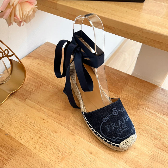 PRADA 26S ESPADRILLE HIGH HEEL SANDALS IN NAVY DENIM WITH LOGO