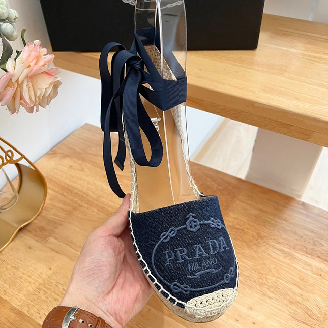 PRADA 26S ESPADRILLE HIGH HEEL SANDALS IN NAVY DENIM WITH LOGO
