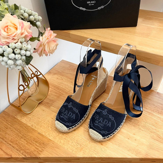PRADA 26S ESPADRILLE HIGH HEEL SANDALS IN NAVY DENIM WITH LOGO