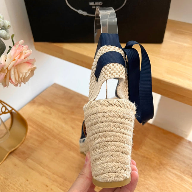 PRADA 26S ESPADRILLE HIGH HEEL SANDALS IN NAVY DENIM WITH LOGO