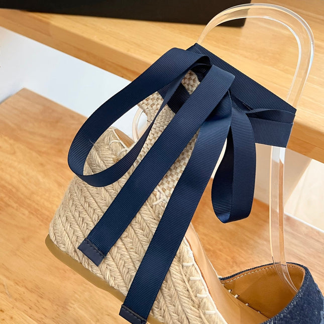 PRADA 26S ESPADRILLE HIGH HEEL SANDALS IN NAVY DENIM WITH LOGO