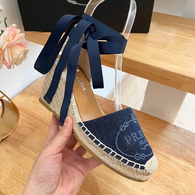 PRADA 26S ESPADRILLE HIGH HEEL SANDALS IN NAVY DENIM WITH LOGO
