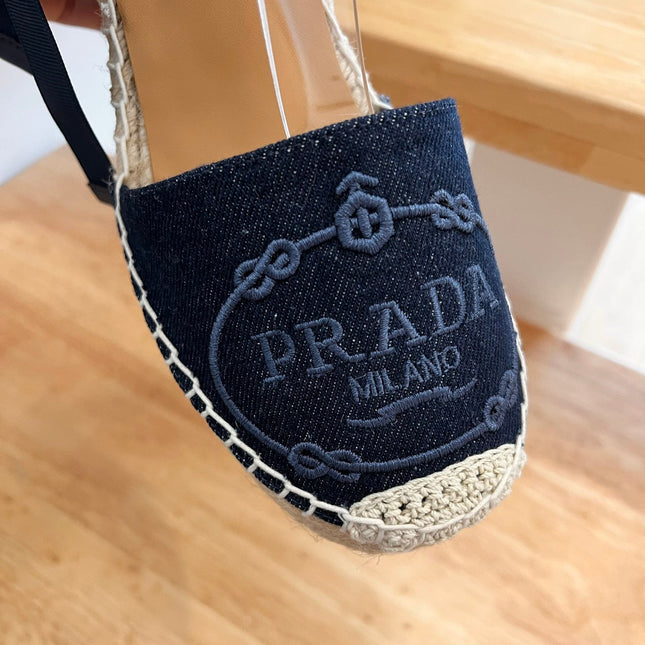 PRADA 26S ESPADRILLE HIGH HEEL SANDALS IN NAVY DENIM WITH LOGO