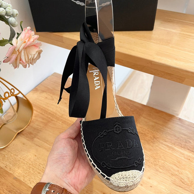 PRADA 26S ESPADRILLE HIGH HEEL SANDALS IN BLACK CANVAS WITH LOGO