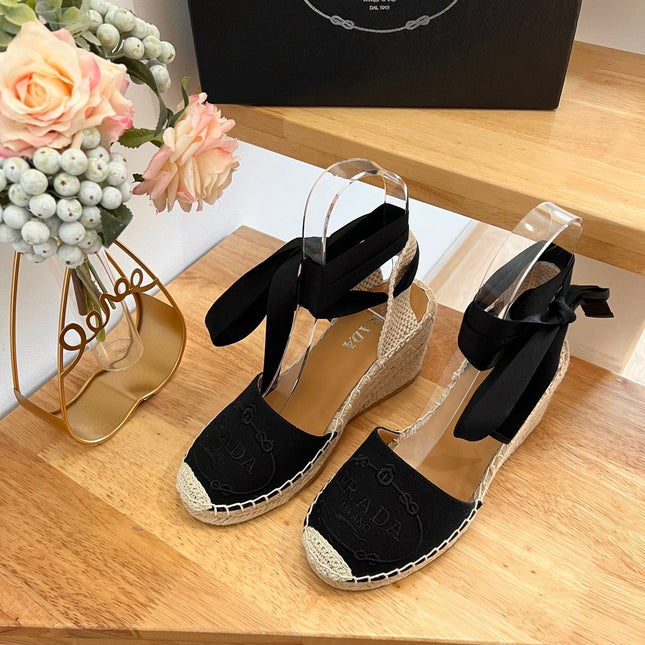 PRADA 26S ESPADRILLE HIGH HEEL SANDALS IN BLACK CANVAS WITH LOGO