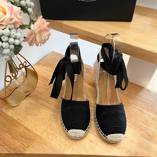 PRADA 26S ESPADRILLE HIGH HEEL SANDALS IN BLACK CANVAS WITH LOGO