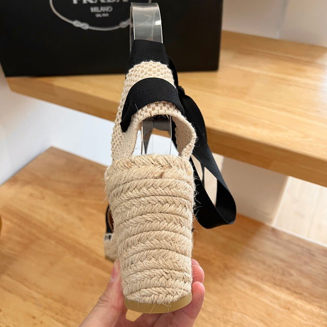 PRADA 26S ESPADRILLE HIGH HEEL SANDALS IN BLACK CANVAS WITH LOGO