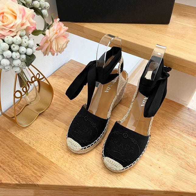 PRADA 26S ESPADRILLE HIGH HEEL SANDALS IN BLACK CANVAS WITH LOGO