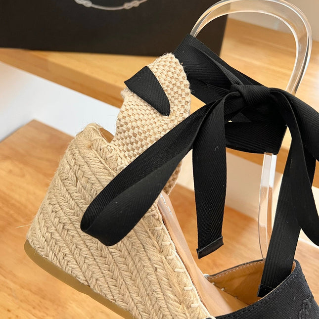PRADA 26S ESPADRILLE HIGH HEEL SANDALS IN BLACK CANVAS WITH LOGO