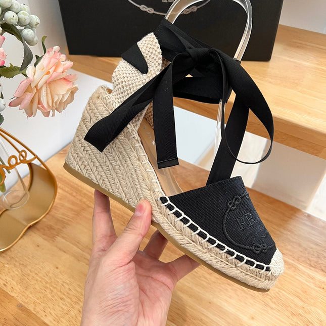 PRADA 26S ESPADRILLE HIGH HEEL SANDALS IN BLACK CANVAS WITH LOGO