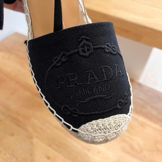 PRADA 26S ESPADRILLE HIGH HEEL SANDALS IN BLACK CANVAS WITH LOGO