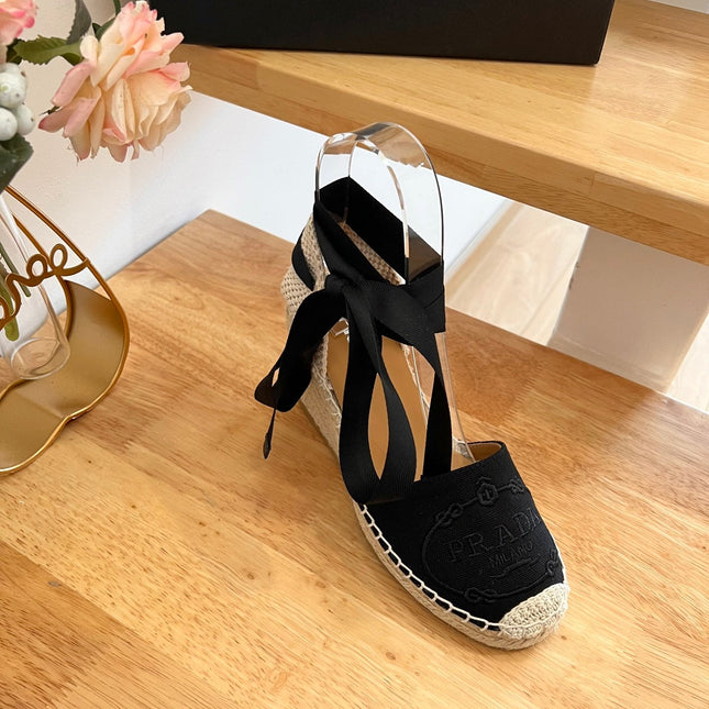 PRADA 26S ESPADRILLE HIGH HEEL SANDALS IN BLACK CANVAS WITH LOGO
