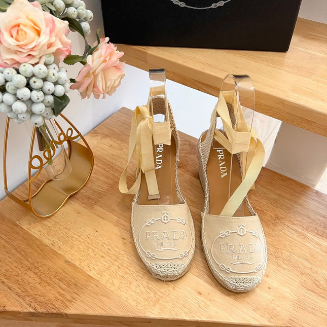PRADA 26S ESPADRILLE HIGH HEEL SANDALS IN BEIGE CANVAS WITH LOGO