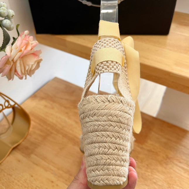 PRADA 26S ESPADRILLE HIGH HEEL SANDALS IN BEIGE CANVAS WITH LOGO