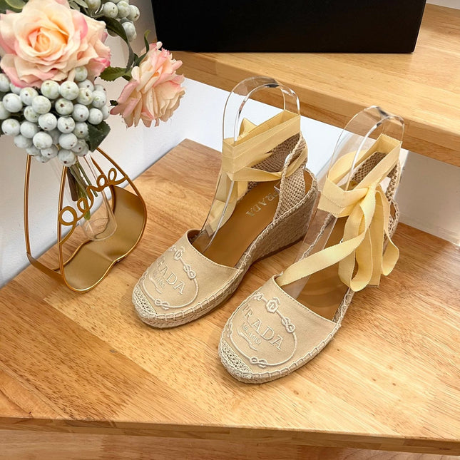 PRADA 26S ESPADRILLE HIGH HEEL SANDALS IN BEIGE CANVAS WITH LOGO