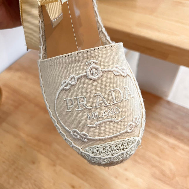 PRADA 26S ESPADRILLE HIGH HEEL SANDALS IN BEIGE CANVAS WITH LOGO