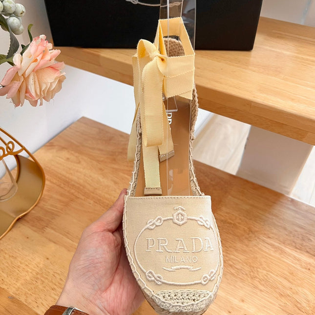 PRADA 26S ESPADRILLE HIGH HEEL SANDALS IN BEIGE CANVAS WITH LOGO
