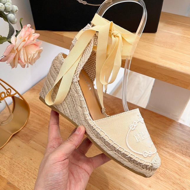 PRADA 26S ESPADRILLE HIGH HEEL SANDALS IN BEIGE CANVAS WITH LOGO
