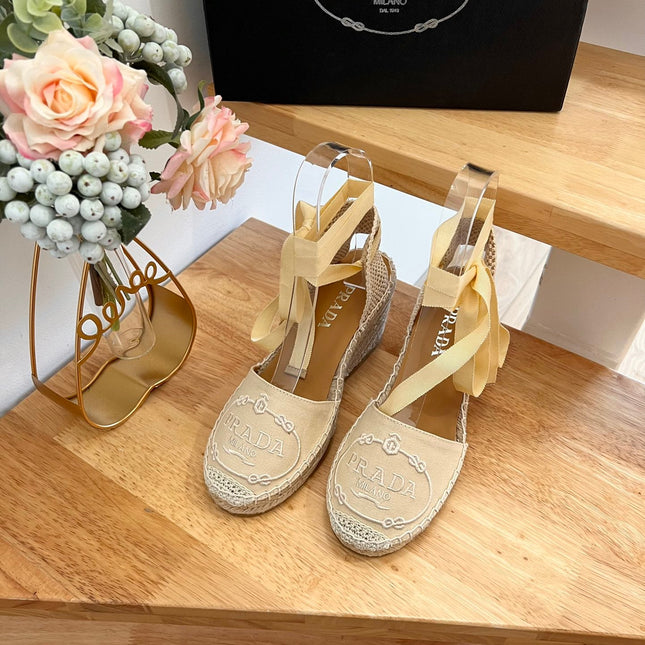 PRADA 26S ESPADRILLE HIGH HEEL SANDALS IN BEIGE CANVAS WITH LOGO