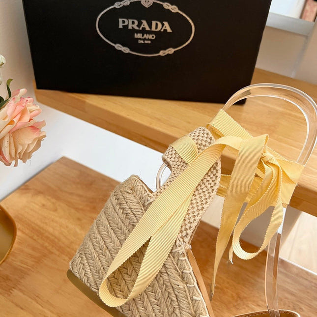 PRADA 26S ESPADRILLE HIGH HEEL SANDALS IN BEIGE CANVAS WITH LOGO
