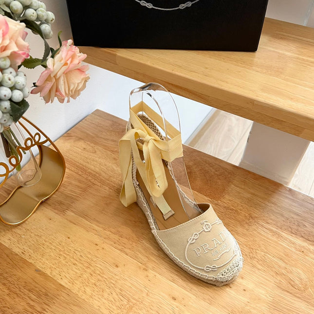 PRADA 26S ESPADRILLE HIGH HEEL SANDALS IN BEIGE CANVAS WITH LOGO