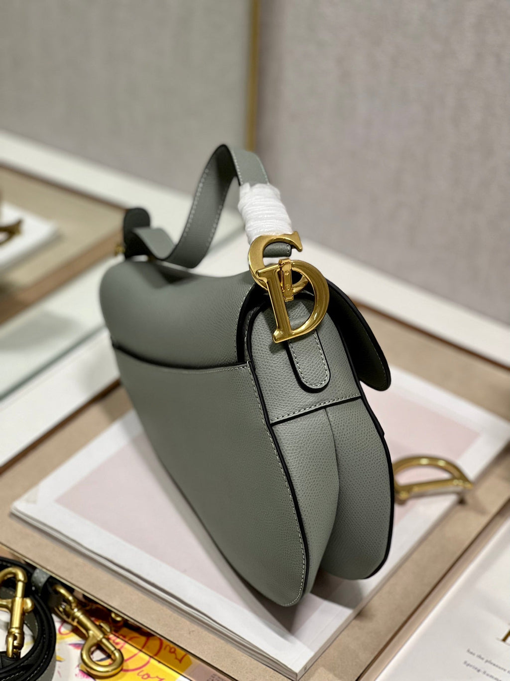 DIOR 26S SADDLE BAG 19 IN STONE GREY CALFSKIN