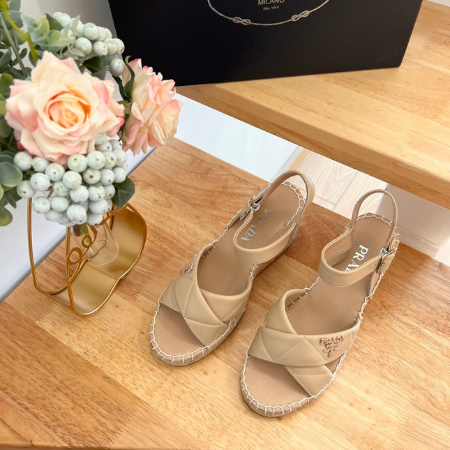 PRADA 26S CROSS STRAP ESPADRILLE WEDGE SANDALS IN BEIGE CALFSKIN