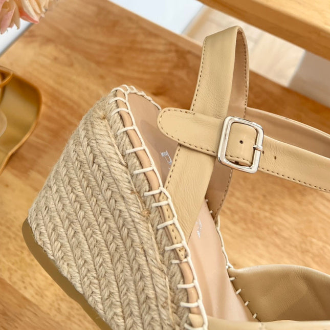 PRADA 26S CROSS STRAP ESPADRILLE WEDGE SANDALS IN BEIGE CALFSKIN