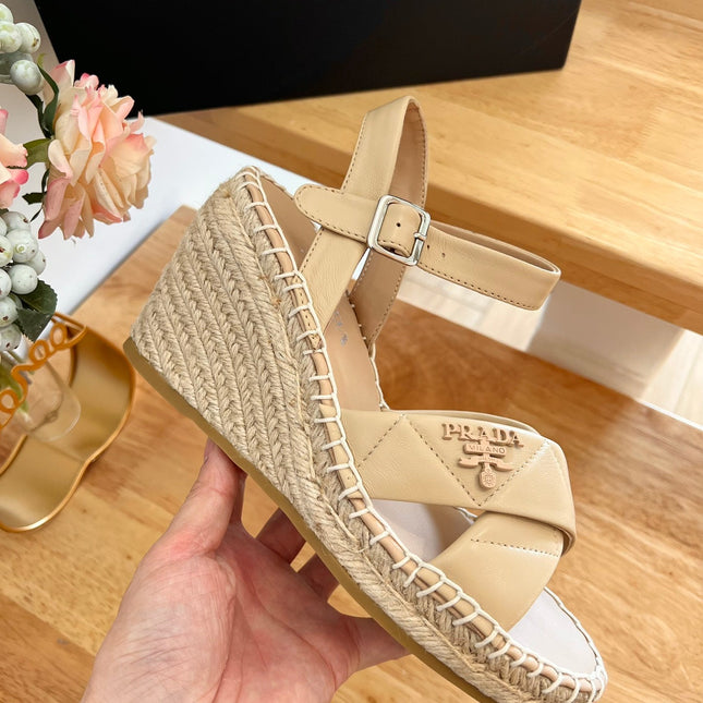 PRADA 26S CROSS STRAP ESPADRILLE WEDGE SANDALS IN BEIGE CALFSKIN