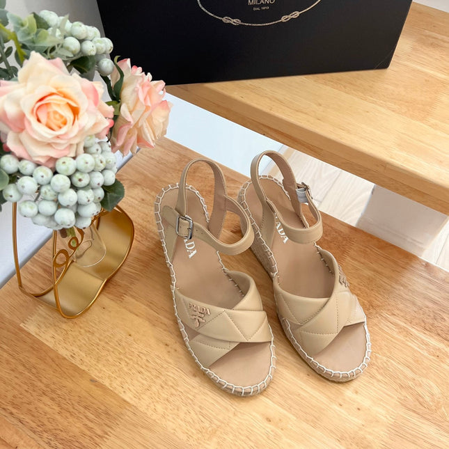 PRADA 26S CROSS STRAP ESPADRILLE WEDGE SANDALS IN BEIGE CALFSKIN