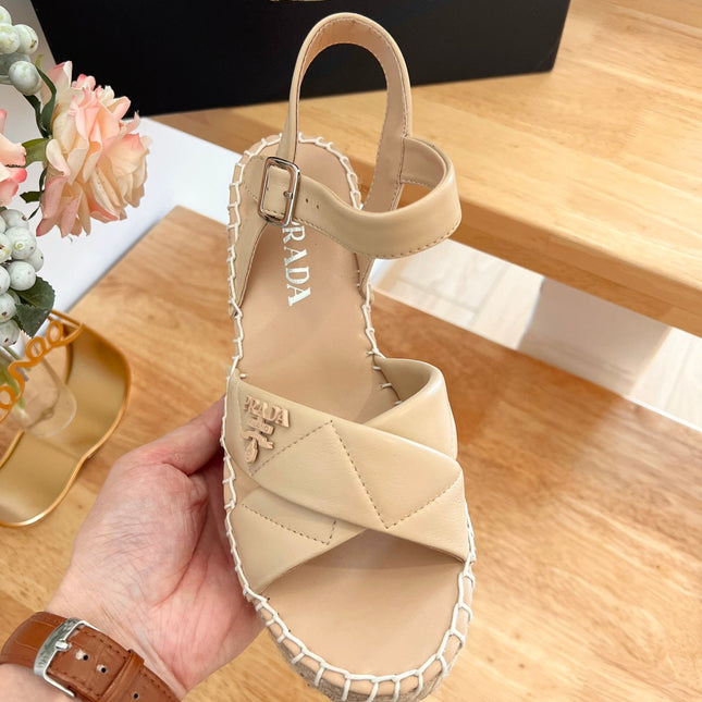 PRADA 26S CROSS STRAP ESPADRILLE WEDGE SANDALS IN BEIGE CALFSKIN