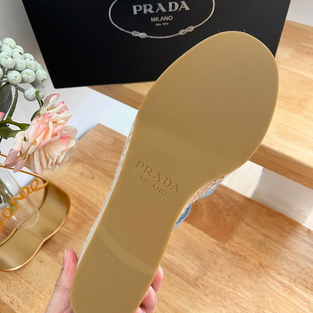 PRADA 26S CROSS STRAP ESPADRILLE WEDGE SANDALS IN BEIGE CALFSKIN