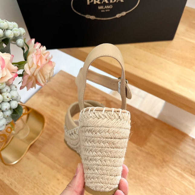 PRADA 26S CROSS STRAP ESPADRILLE WEDGE SANDALS IN BEIGE CALFSKIN