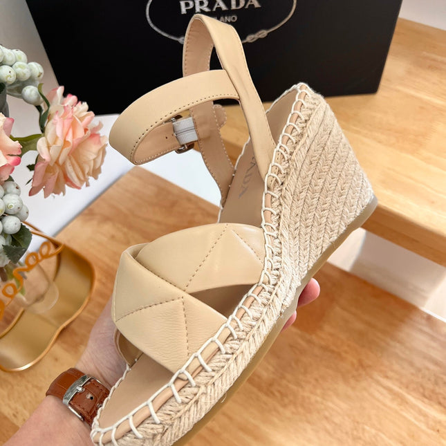 PRADA 26S CROSS STRAP ESPADRILLE WEDGE SANDALS IN BEIGE CALFSKIN
