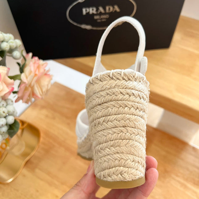 PRADA 26S CROSS STRAP ESPADRILLE WEDGE SANDALS IN CREAM WHITE CALFSKIN