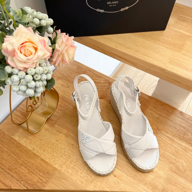 PRADA 26S CROSS STRAP ESPADRILLE WEDGE SANDALS IN CREAM WHITE CALFSKIN