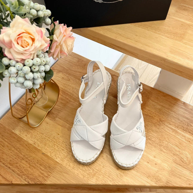 PRADA 26S CROSS STRAP ESPADRILLE WEDGE SANDALS IN CREAM WHITE CALFSKIN