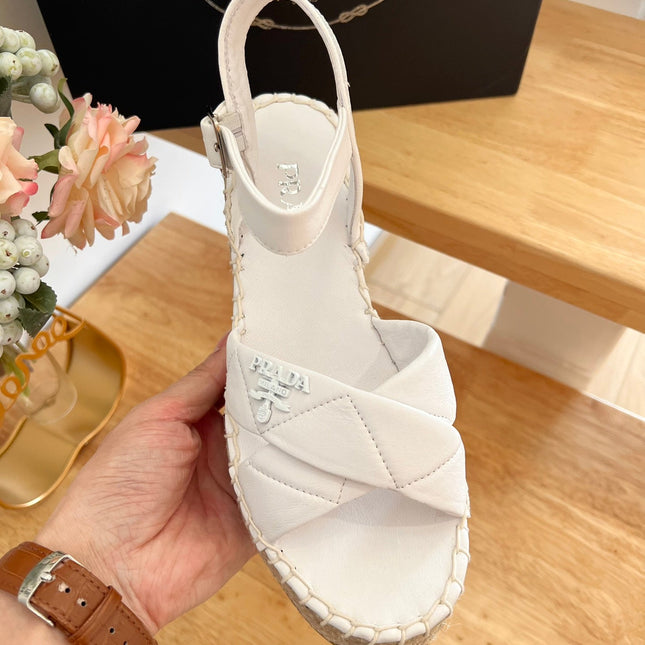 PRADA 26S CROSS STRAP ESPADRILLE WEDGE SANDALS IN CREAM WHITE CALFSKIN