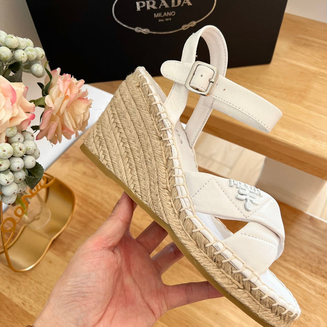 PRADA 26S CROSS STRAP ESPADRILLE WEDGE SANDALS IN CREAM WHITE CALFSKIN