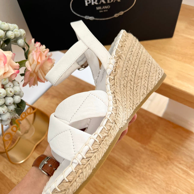 PRADA 26S CROSS STRAP ESPADRILLE WEDGE SANDALS IN CREAM WHITE CALFSKIN